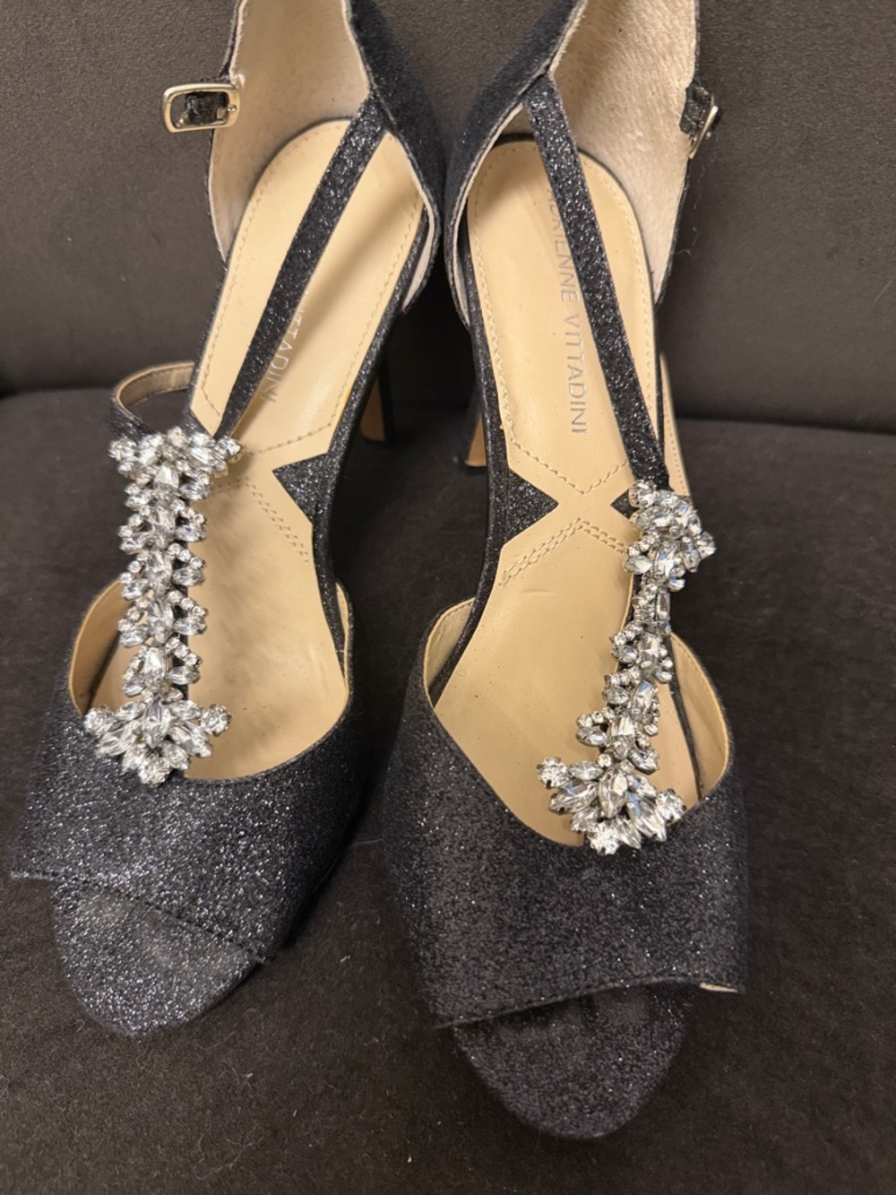 Adrienne Vittadini Black Glitter T-Strap Heels with Crystal Accents
